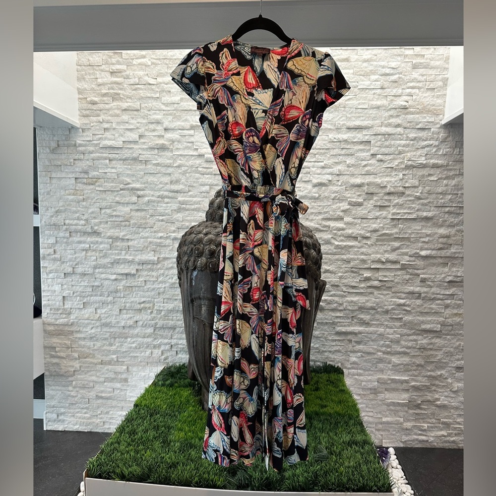 Hale Bob Midi Butterfly dress flutter shoulder faux wrap XS